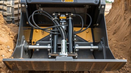 A closeup of the skid steer loaders bucket tilting mechanism in action showcasing the intricate hydraulic lines and connections at work as it delivers material in a cramped area.