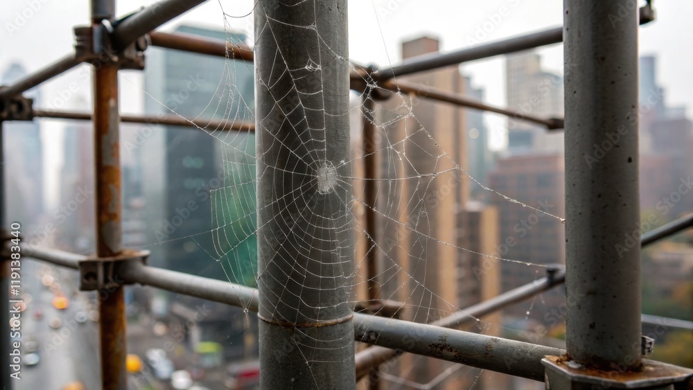 Fototapete a closeup of the webs junction points where numerous strands meet with the textured scaffolding pole