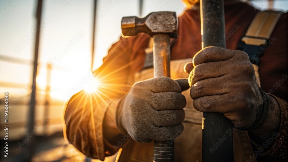 Poster a closeup of the workers hands gripping a tool with the sun emerging in the background symbolizing l