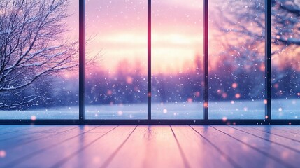 Fototapeta premium Cozy winter room with a large window revealing a snowy landscape, soft natural light filling the space, style book illustration