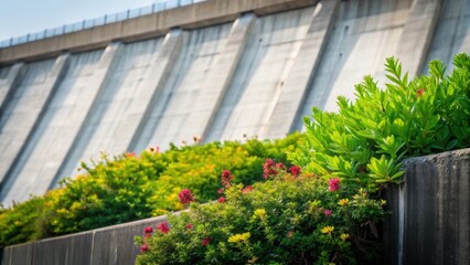 A closeup of the vegetation growing along the dams crest illustrating the coexistence of nature and human engineering with vibrant colors contrasting against the stark concrete