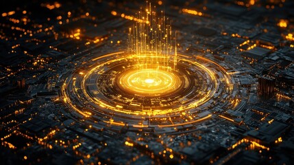 Futuristic Circuitry with Glowing Energy Core in a Digital Cityscape