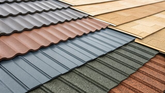 A closeup of various roofing materials including shingles underlayment and flashing spread out on the roof showcasing the color variations and textures before installation.