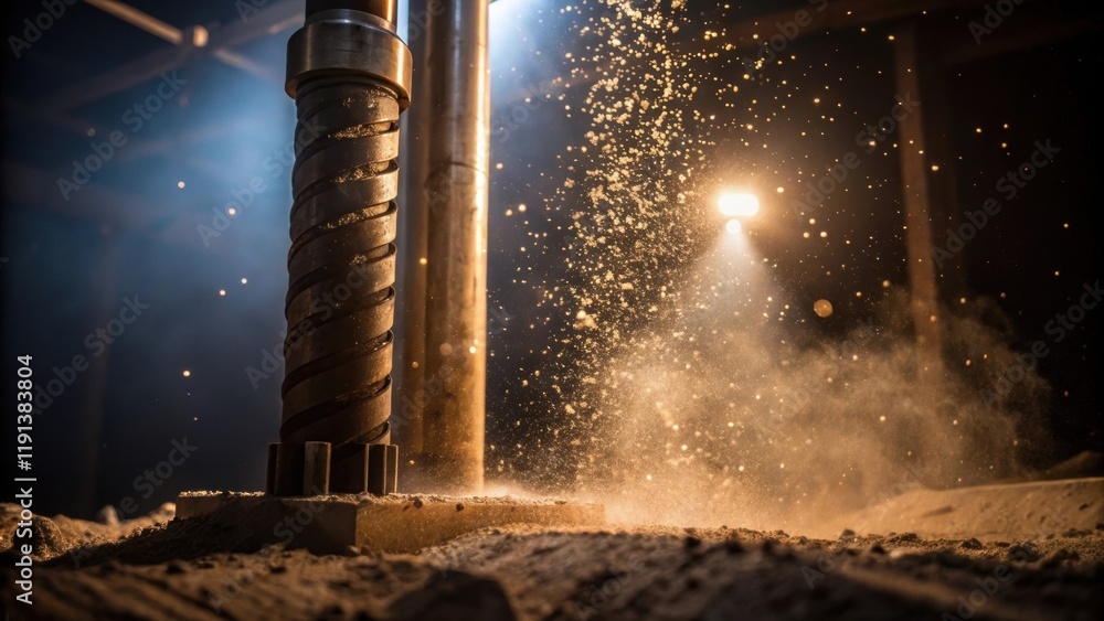 Poster A closeup on the dust particles suspended in the air around the drilling site illuminated by a beam of light encapsulating the intensity of the work environment.