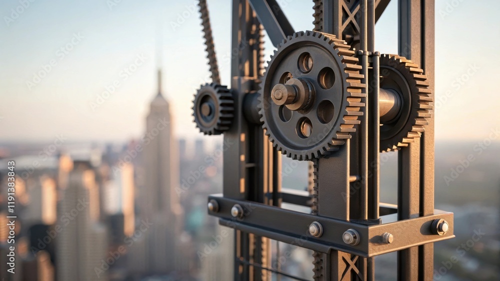 Poster A closeup on the intricate equipment of a tower crane with gears and pulleys in sharp focus while the distant cityscape blurs illustrating the machinerys pivotal role in lifting
