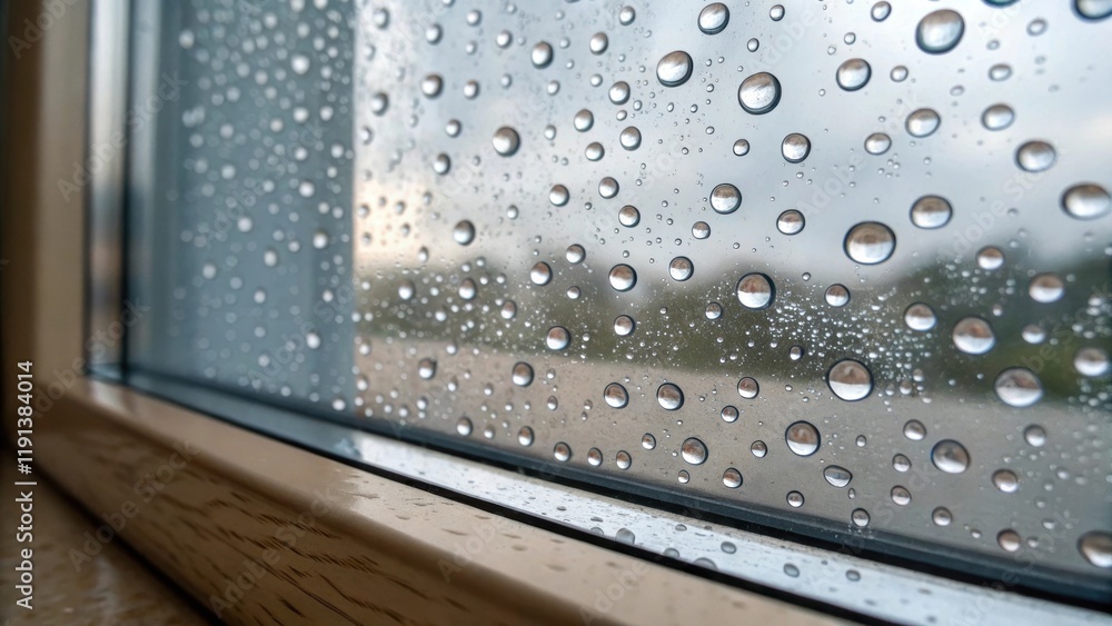 Poster A closeup reveals delicate water droplets on the glass surface highlighting the perfect clarity of the pane as it is positioned into its frame creating a striking contrast against