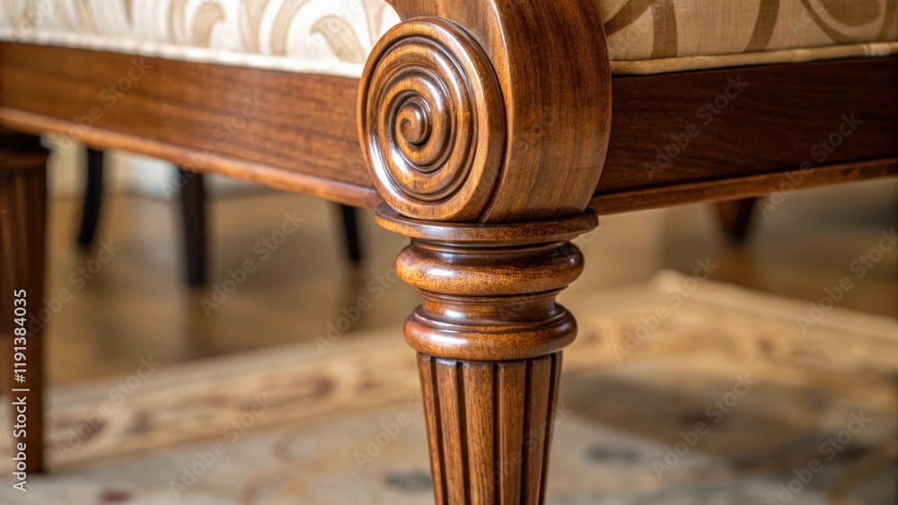 Poster a closeup photograph of a finely turned wooden leg of a chair highlighting the swirling patterns and