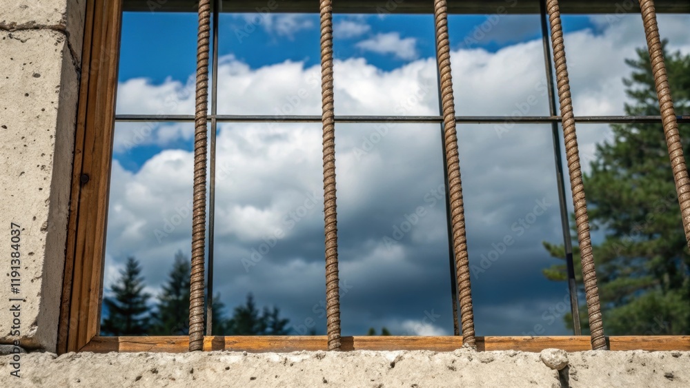 Poster A closeup reveals intricate details of the window frame where the reflections of cloud formations blend seamlessly with the raw textures of exposed concrete and rebar.