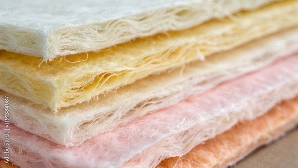 Poster A closeup shot capturing the layering effect of fiberglass insulation where soft translucent layers sit atop one another each varying subtly in color and density suggesting an