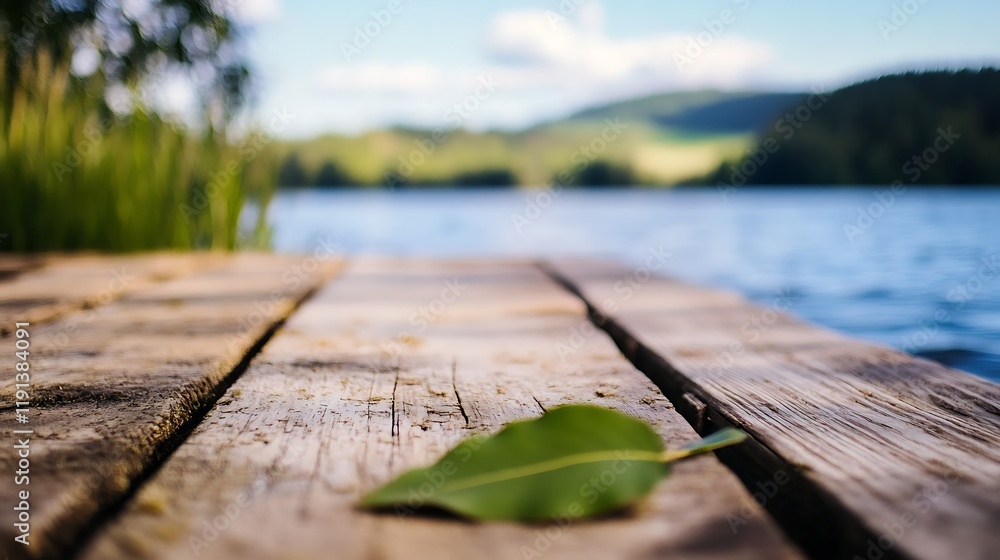 Aufkleber peaceful lake with wooden dock and leaf in foreground at summer : generative ai