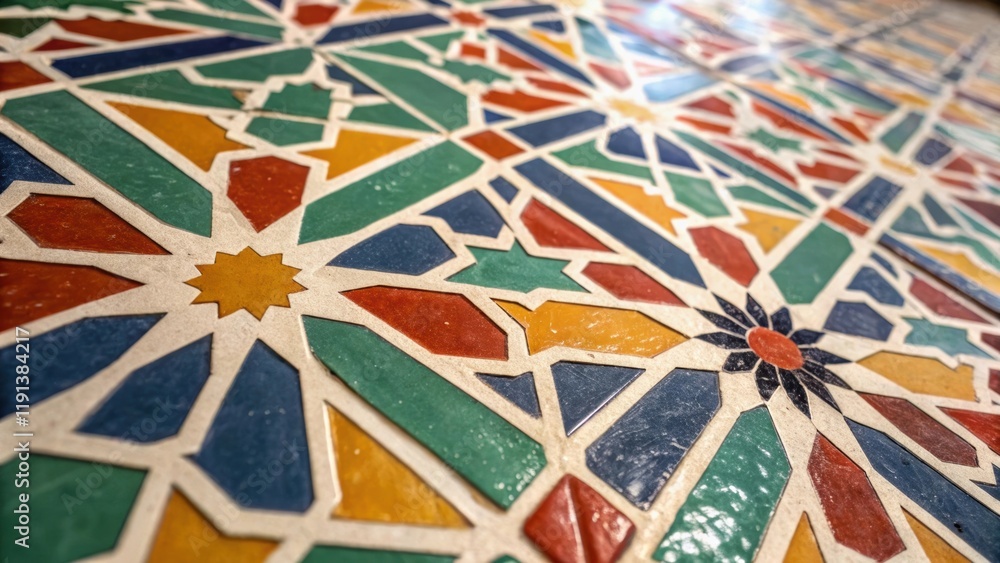 Aufkleber A closeup shot of a colorful mosaic tile highlighting its vibrant geometric patterns and the subtle texture of the glazed surface with contrasting colors intermingling in an