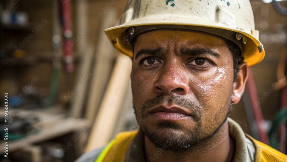 Poster a closeup shot of a construction workers face showing beads of sweat on their forehead and a slight 
