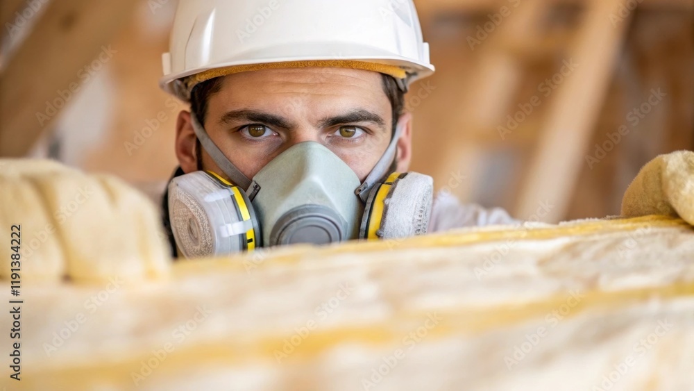 Poster a closeup shot of a construction worker wearing a respirator focused intently on installing insulati