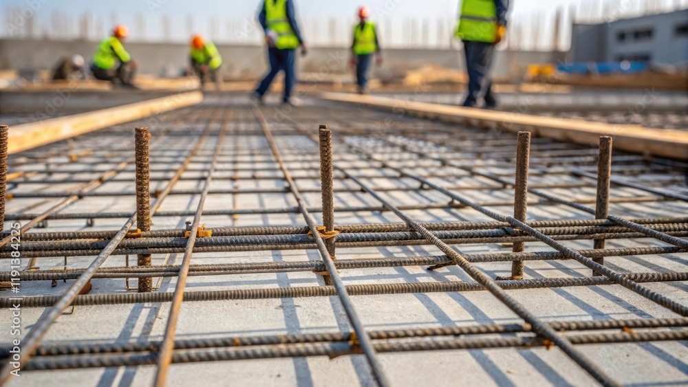 Poster A closeup shot of a construction site focusing on the intricate patterns of rebar frameworks and foundation forms with workers moving in rhythmic coordination amidst the concrete.
