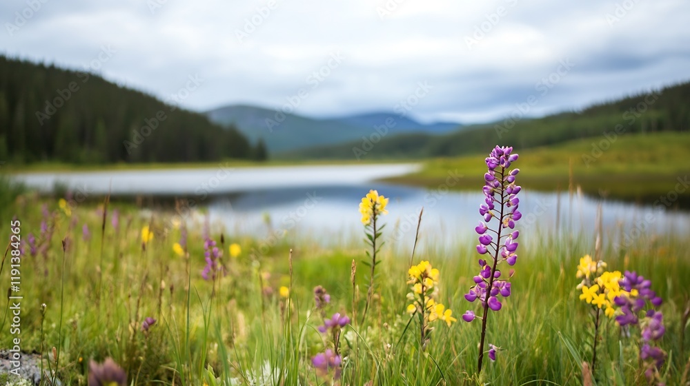 Poster wildflowers in bloom by a lake in a mountainous region on a cloudy day : generative ai