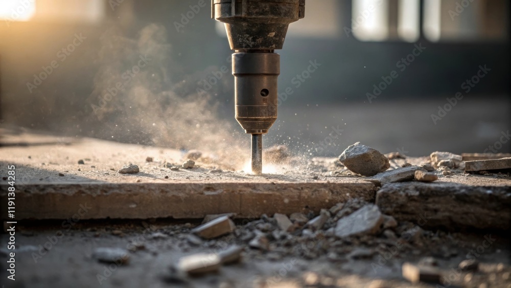 Poster a closeup shot of a jackhammer being used on an old concrete slab with tered debris and dust particl