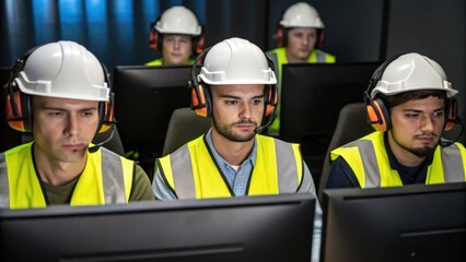A closeup shot of a group of construction trainees engaged in a virtual safety training session with their expressions reflecting focus and immersion as they navigate hazardous