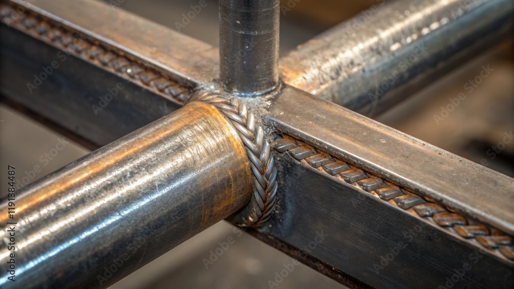 Poster a closeup shot of a welded steel connection where molten metal has been carefully fused displaying a