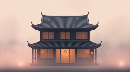 Serene two-story house nestled in morning mist, traditional architecture with warm interior lighting.