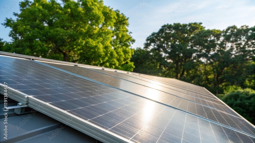 Poster a closeup shot of solar panels mounted on a rooftop glistening under the sun with a backdrop of lush