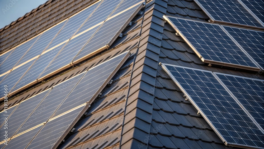 Poster A closeup shot of the intricate angles of a pitched roof showcasing the uneven placement of solar panels that create dynamic patterns reflecting innovation and sustainable
