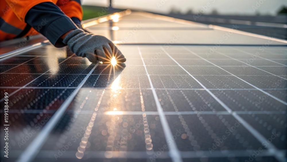 Poster a closeup shot of the solar panel surface highlighting the textured photovoltaic cells and the sunli
