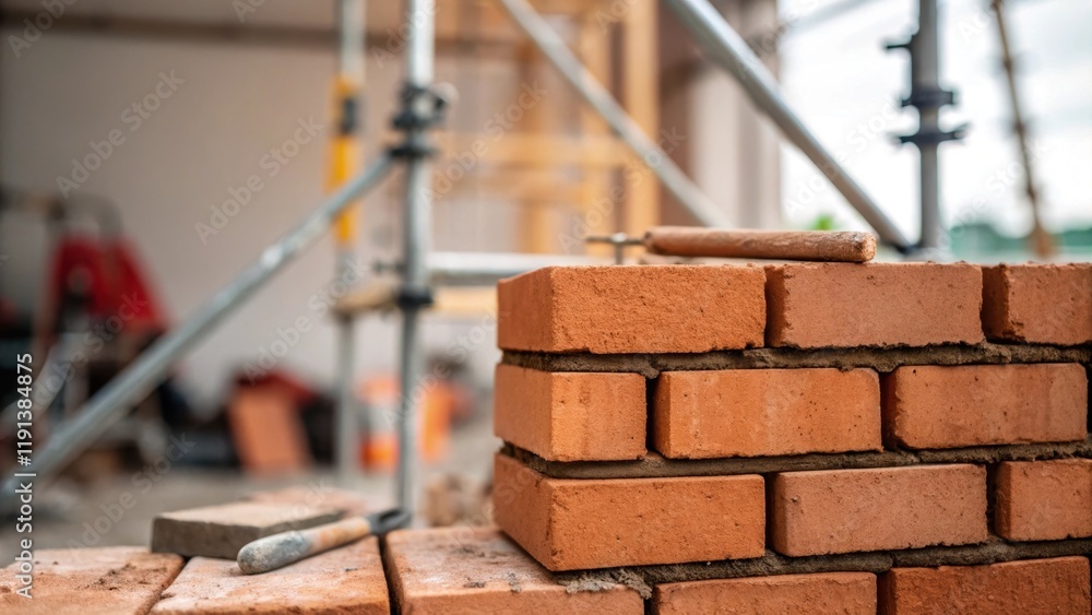 Aufkleber A closeup showing the intricate details of bricks being stacked highlighting the mortar between them with a blurred background of scaffolding and tools in motion.