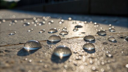 A closeup shot revealing water beads glistening on a freshly sealed concrete surface showcasing the interplay of light and shadow creating an artistic pattern.