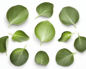 Green leaves arranged on white background; nature, freshness, design element; ideal for websites, blogs, or publications