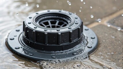 A closeup view of a drainage fitting with water droplets forming around the edges emphasizing the functional design and the importance of proper sealing in preventing leaks.