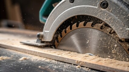 A closeup view of a dusty tool such as a saw displaying intricate detail in the dust that clings to the blade and handle hinting at frequent use in the construction process.