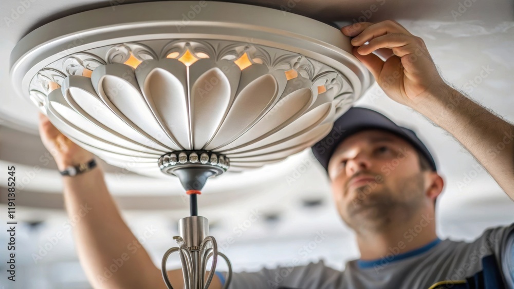 Poster A closeup view of a worker installing a sleek light fixture on the ceiling emphasizing the intricate design of the fixture and the concentration on the installers face as they
