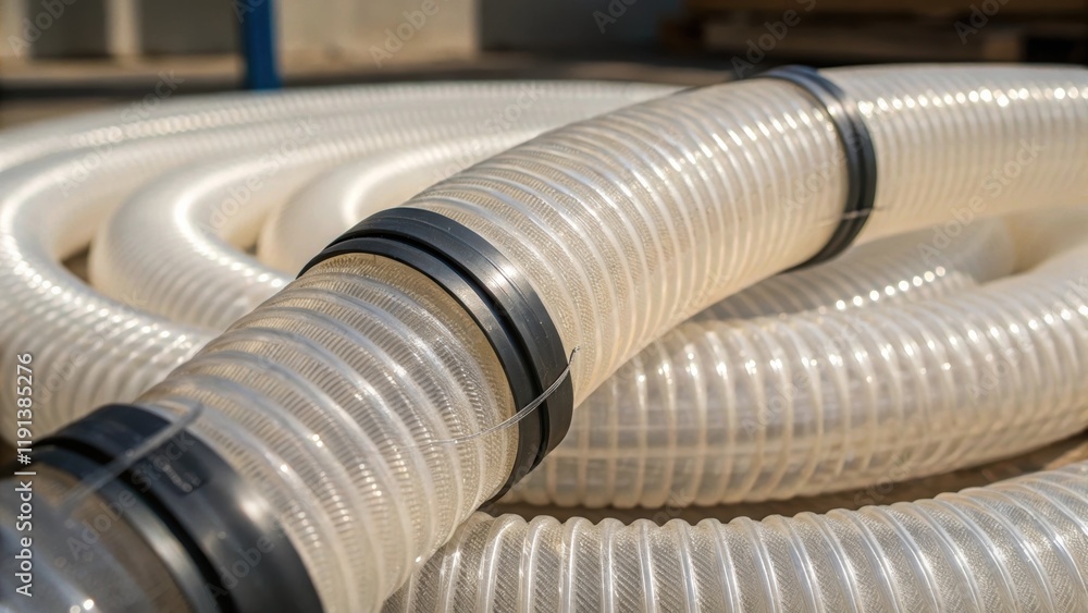 Poster A closeup view of flexible ducting showcasing the textured surface and band clamps securing the ends with light filtering through the translucent material highlighting its