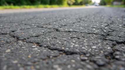 A closeup view of asphalt during the cooling process revealing a textured surface that portrays small cracks and fissures hinting at the materials pliability and the early signs of