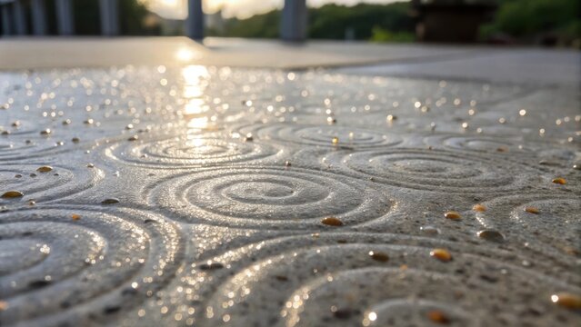A closeup view of freshly poured concrete capturing the wet surface with droplets glistening in sunlight. Unique swirling patterns and small aggregate stones create a captivating