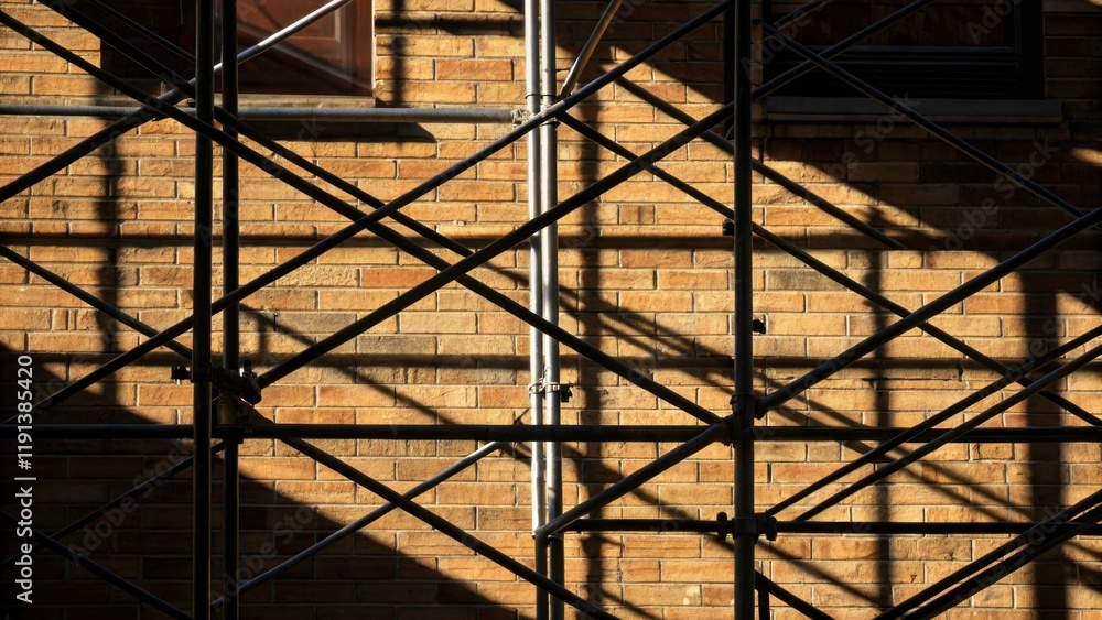 Poster A closeup view of the shadows from the scaffolding intertwines with the buildings brickwork highlighting the contrast between the dark silhouettes and the sunlit sections of the