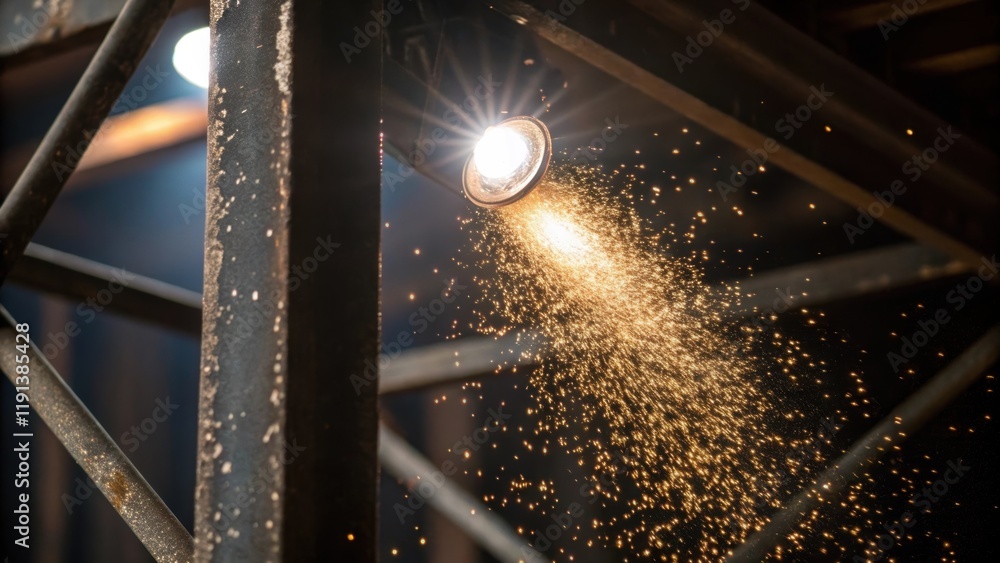 Poster A closeup view reveals individual dust particles backlit by the harsh light of a work lamp creating a sparkling effect that contrasts with the rugged textures of metal beams