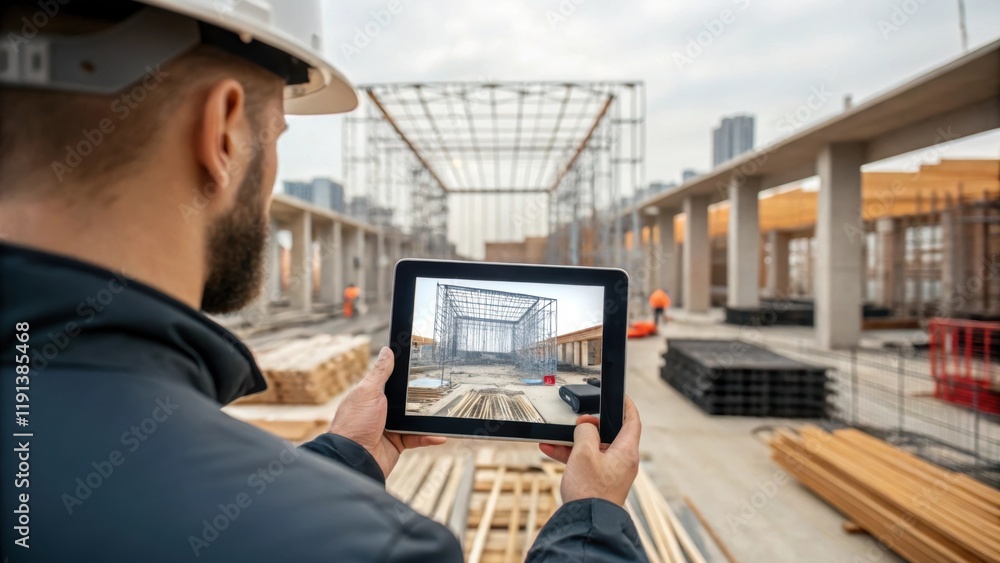Aufkleber A construction site manager stands amidst building materials engaged with a tablet that projects an AR visualization of the completed project showcasing the architectural design
