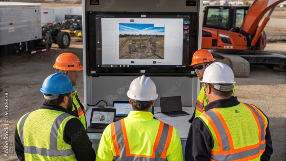 Poster A construction team huddled around a digital display mounted on a site trailer reviewing a live AR feed that integrates drone imagery and project management software allowing for