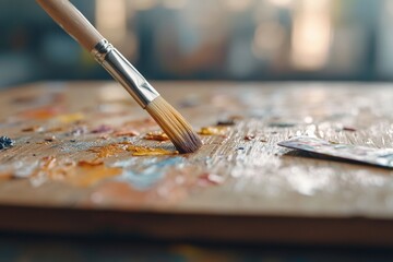 Fototapeta premium Artist's paintbrush mixing colors on palette