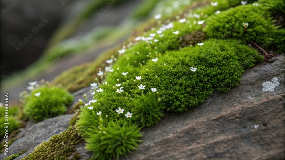 Poster a detailed closeup of moss growing on a rock featuring the velvety green strands intertwined with ti