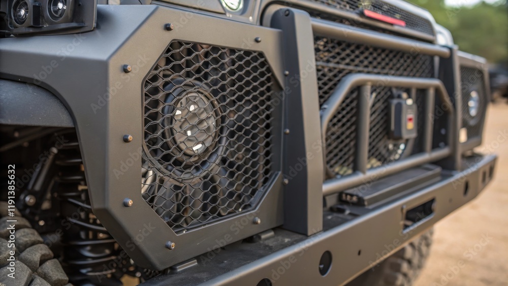 Aufkleber A detailed closeup of the machines rugged front grille and cooling system emphasizing the robust engineering that ensures optimal performance during prolonged use in demanding