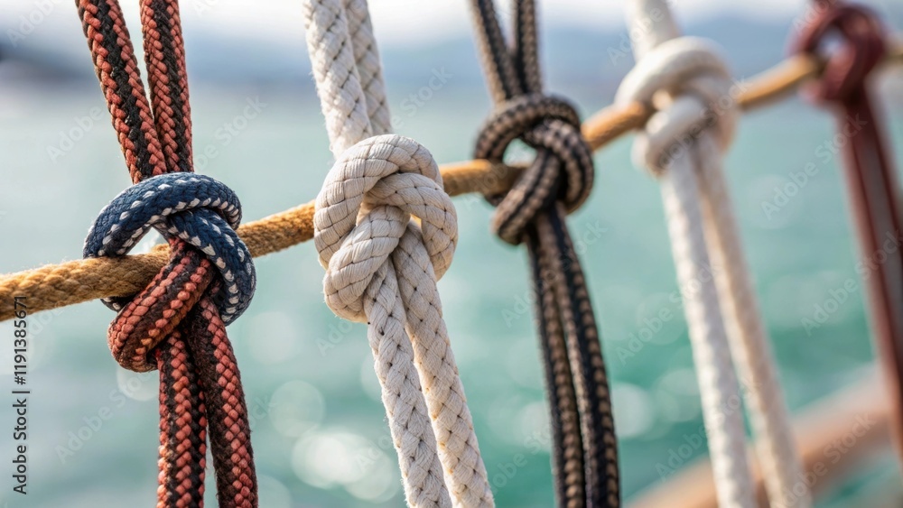 Poster A detailed image focusing on the knots and fasteners used in securing the rigging capturing the craftsmanship involved in tying different materials together against a soft bokeh.