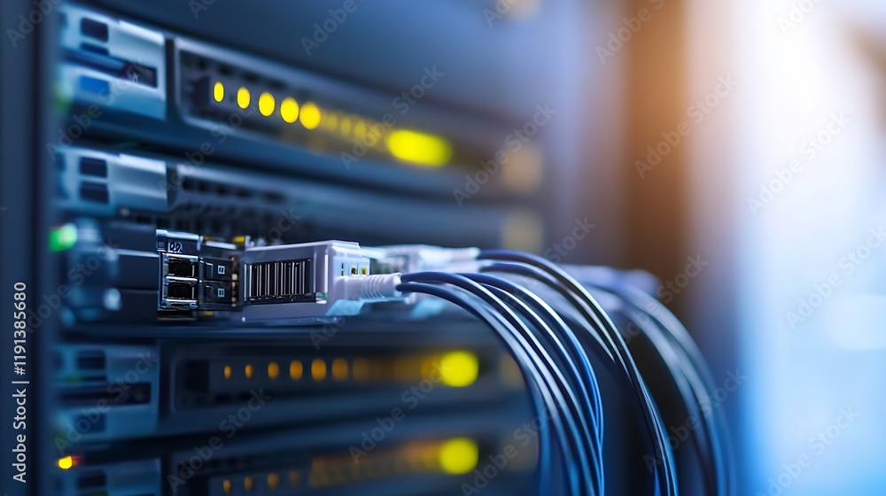 Aufkleber Data Center Closeup of Network Cables Connected to Servers with Glowing Indicators : Generative AI