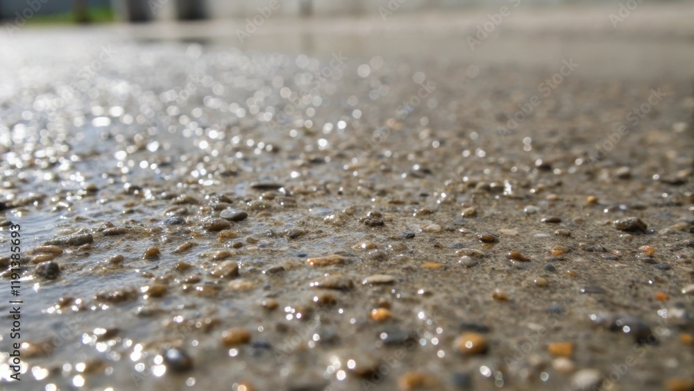 Poster a detailed closeup of the texture of the concrete as its poured with fine gravel and sand particles 