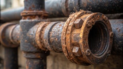 A detailed closeup of rusted cast iron pipe joints illustrating the texture of the corroded surfaces and highlighting the contrast between the dark metal and the dust collected in