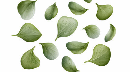 Green leaves falling on white background, nature design, botanical illustration, perfect for website banners or greeting cards