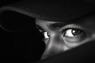 A person is partially concealed in shadows, revealing only a captivating gaze. The intense eyes express emotion and intrigue. The absence of color enhances the dramatic effect