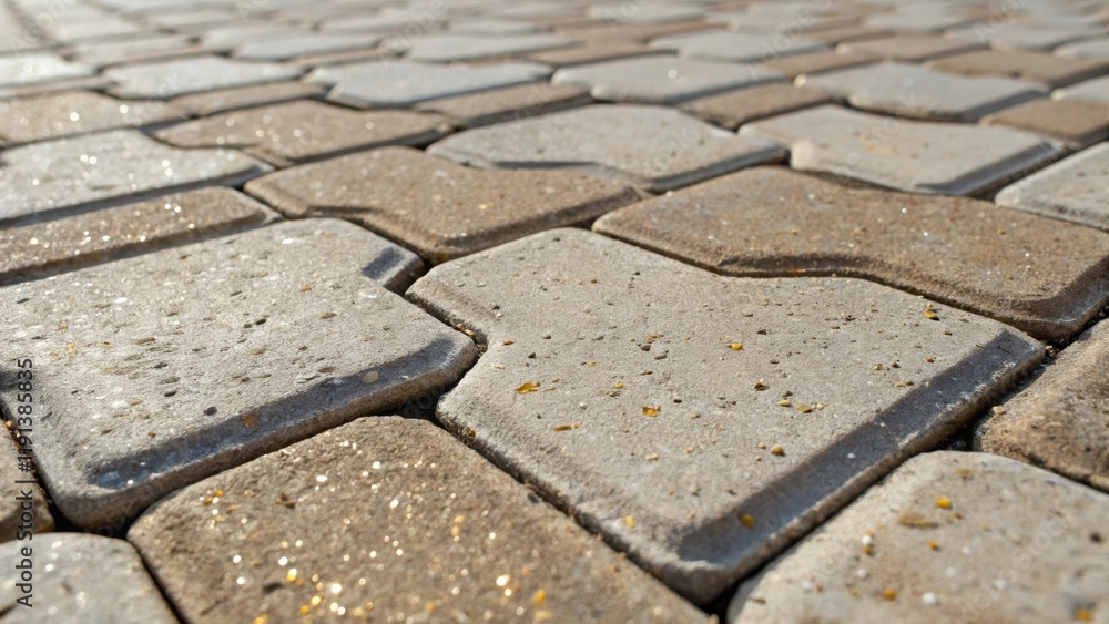 Aufkleber A detailed shot of interlocking stone tiles emphasizing the unique patterns and color variations of each stone with fine dust particles catching the light in the crevices between