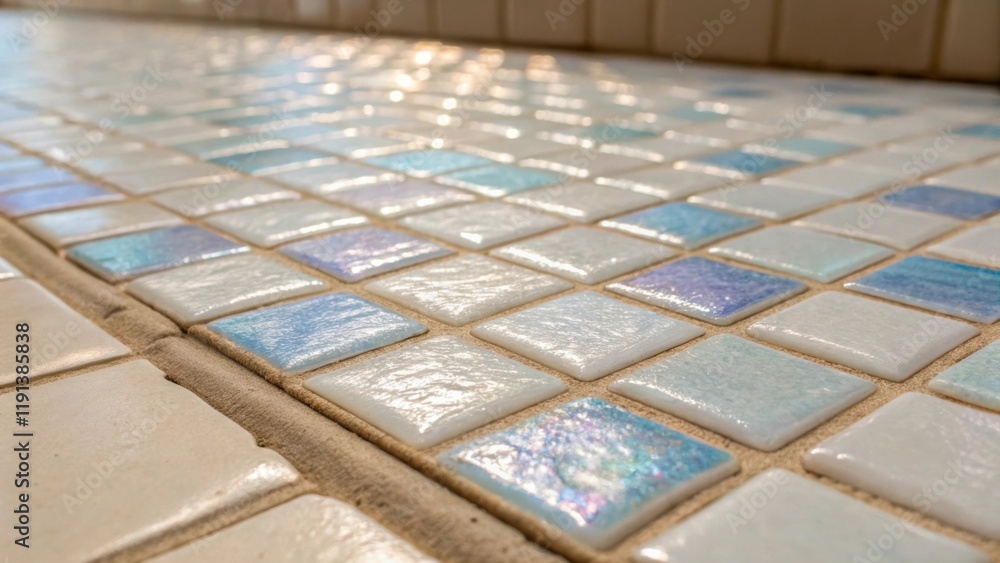 Poster a detailed shot of shimmering tiles being carefully laid out in a pattern on a bathroom floor with a